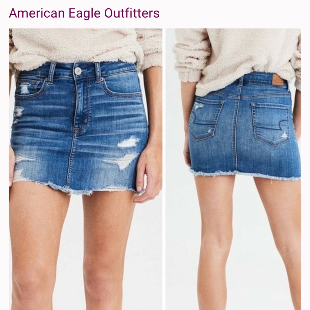 American Eagle Hi Rise Mini Distressed Festival Jean Skirt.